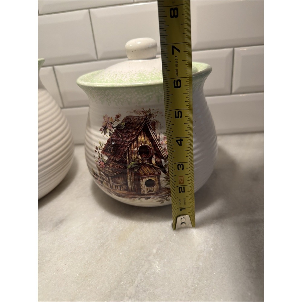 Set Of 2 Green Speckled Canisters- Textured-Birdhouse W/Florals- Beautiful OLA - Picture 8 of 8